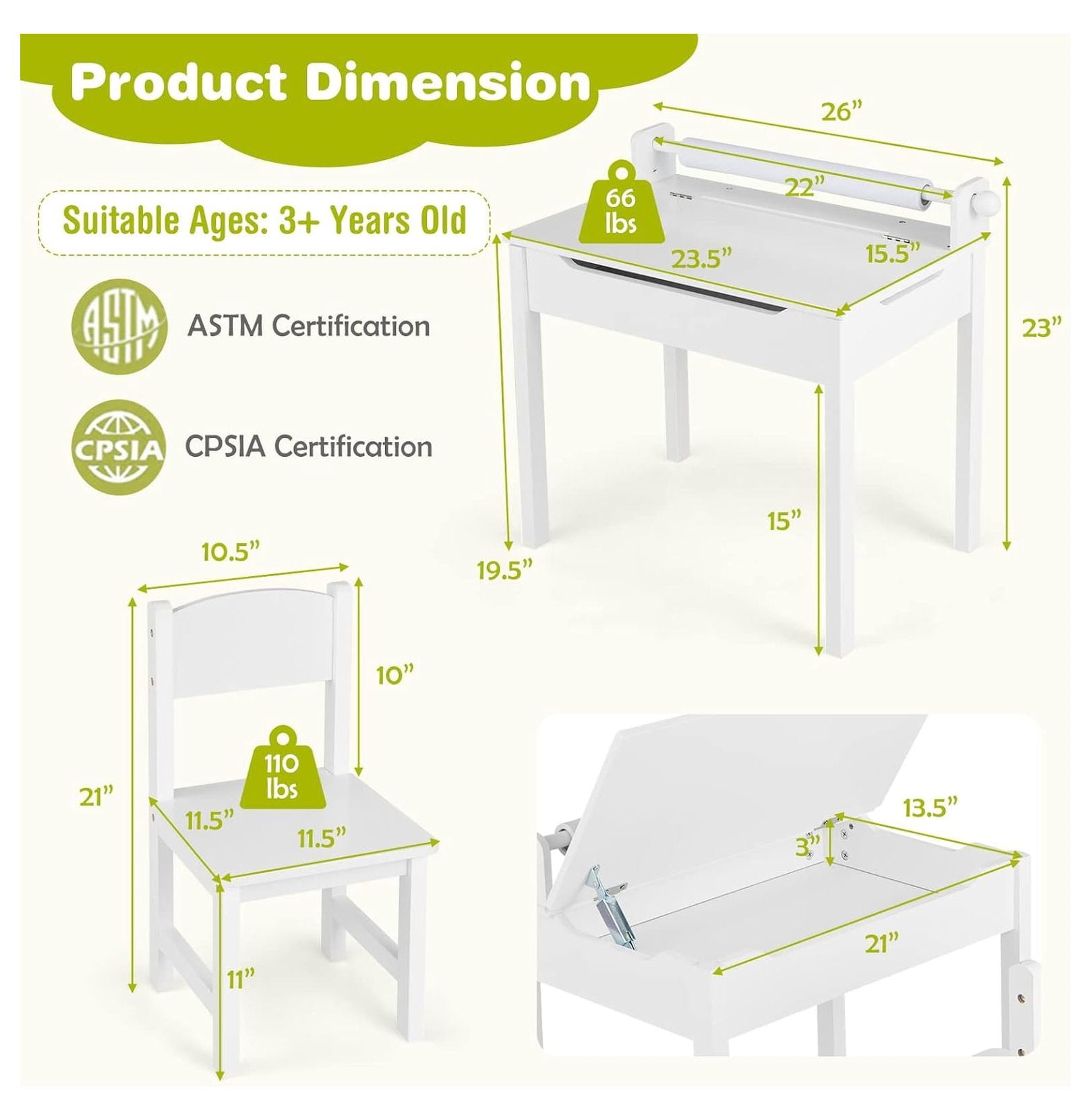 Kids Table and Chair Set, Wooden Lift-Top Desk & Chair with Storage, Paper Roll Holder & Pen Slot, Activity Table Set for Art, Children Furniture Set for Daycare, Playroom (White)