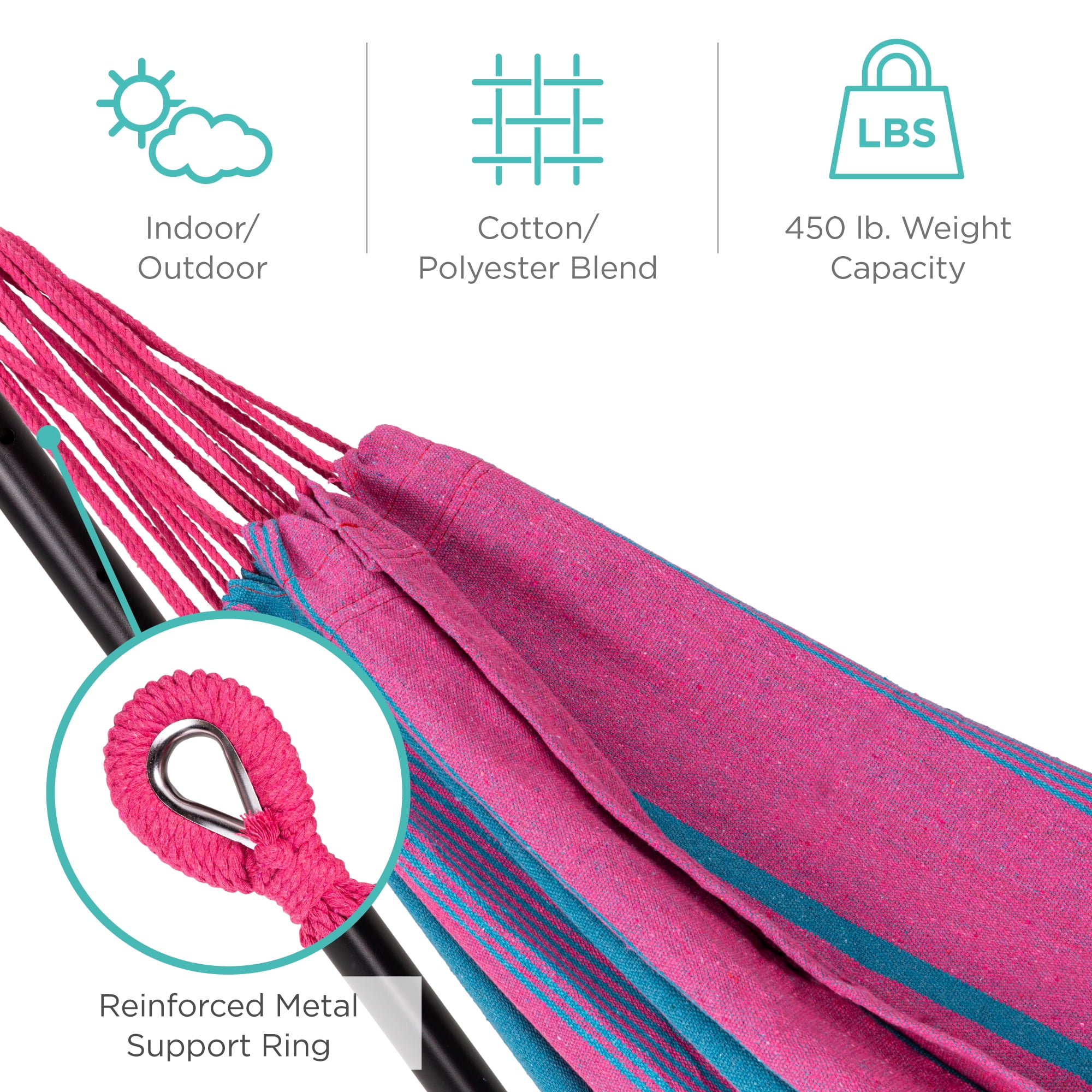 Best Choice Products 2-Person Brazilian-Style Cotton Double Hammock with Stand Set w/ Carrying Bag - Aster