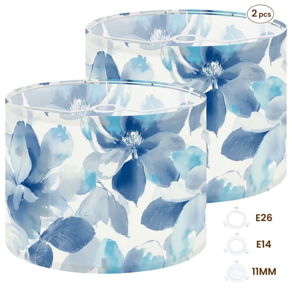 2pcs Set Drum Lampshades (13"x 13"x 10"), Blue Floral Watercolor Soft Petals Leaves Fabric Large Replacement Shades for Table, Floor, and Pendant Lamps, Simple Assembly Needed.