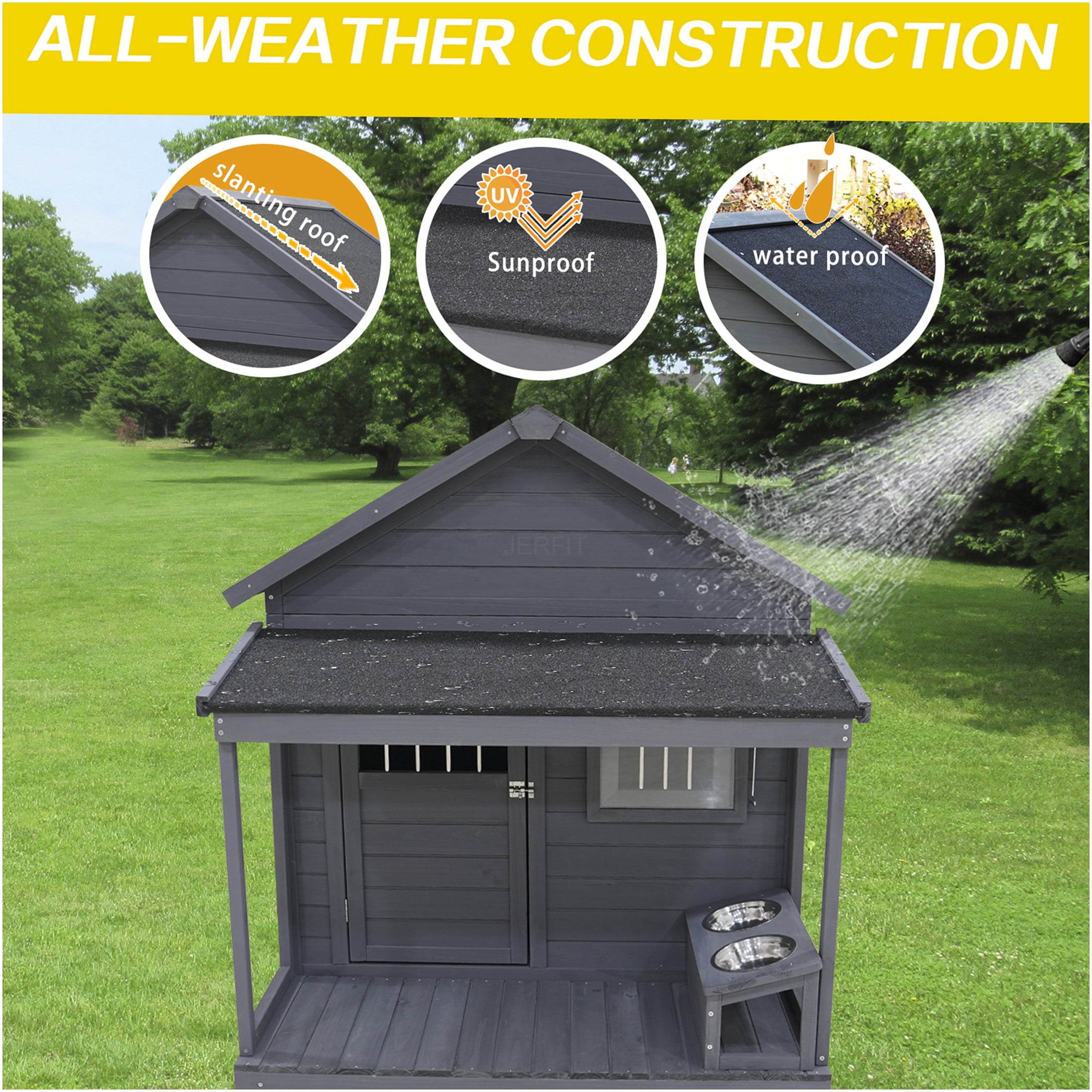 JERFIT Extra Large Dog House with Lockable Door & Porch, 44" Wooden Outdoor Kennel with Asphalt Roof, Weatherproof for Big Dogs up to 80lbs, Gray