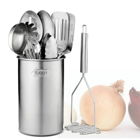 Stainless Steel Kitchen Utensil Set - 10 piece premium Non-Stick & Heat Resistant Kitchen Gadgets, Turner, Spaghetti Server, Ladle, Whisk, Tungs Serving, Spoons, Potato Masher and Utensil Holder