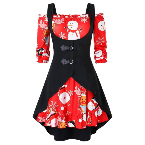 Más el tamaño del hombro de Navidad Vestido estampado y hebilla Set Top Rosegal vestidos vintage tallas grandes