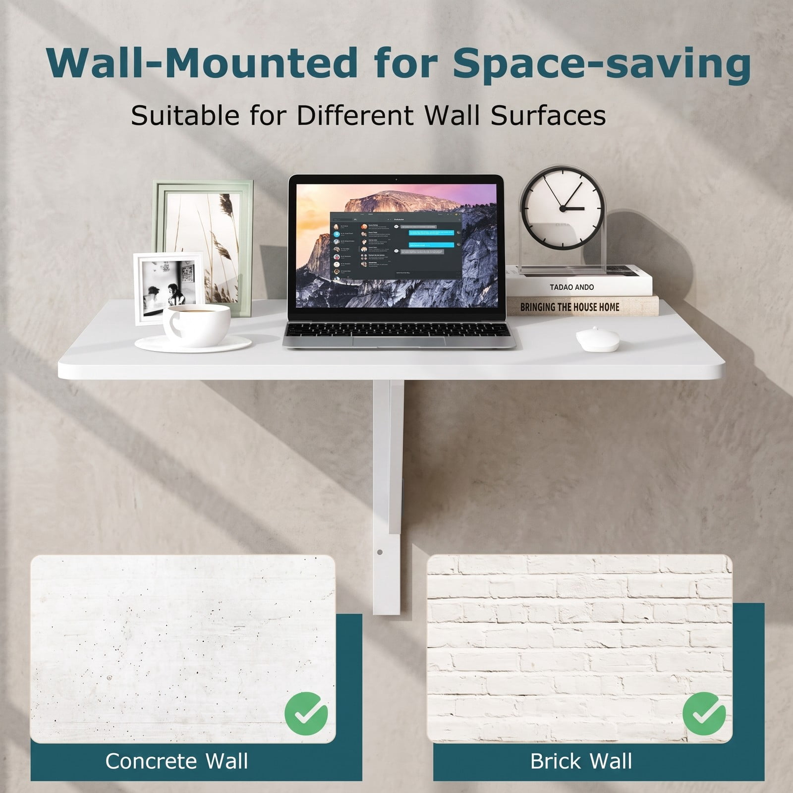 Furnibear Wall Mounted Drop-Leaf Folding Table, 31.5 x 23.5 Inch Space Saving Fold Down Wall Table for Small Spaces, Kitchen, Dining, Home Office, Balcony, White