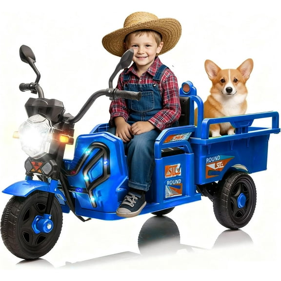 Ride on 3-Wheel Cargo Car for Kids 12V Ride on Toys with Large Storage Space Kids Electric Car with LED Lights & Music, Blue