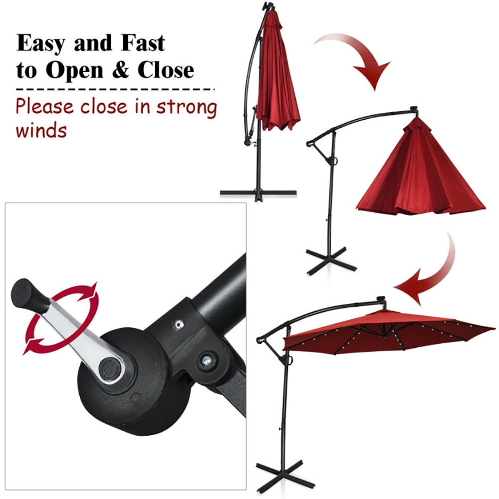 Aimee Lii 10 ft 360° Rotation Solar Powered LED Patio Offset Umbrella without Weight Base, Outdoor Umbrellas for Patio, Red Aimee Lii 10 ft 360° Rotation Solar Powered LED Patio Offset Umbrella without Weight Base, Outdoor Umbrellas for Patio, Red