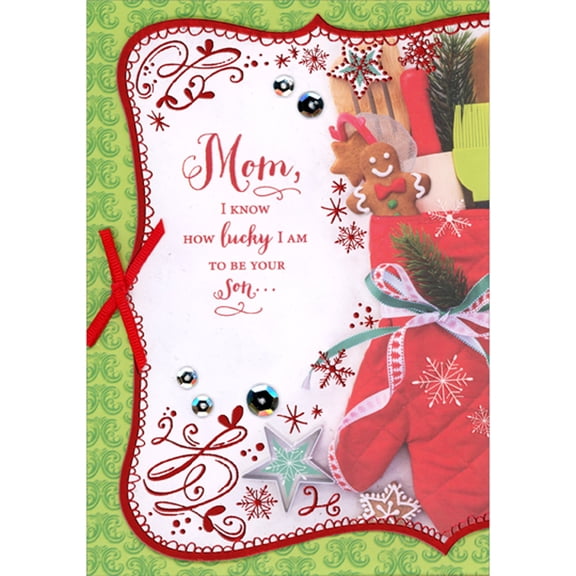Designer Greetings Oven Mitt Holding Baking Tools on 3D Banner, Silver Sequins and Red Ribbon Hand Decorated Mom Christmas Card from Son