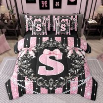 Homewish Bowknot Monogrammed S Twin Bedding Sets 7-Piece for Girls, Vintage Bohemian Flower Bedding Comforter Set, Black Pink Fashion Reversible Sheet Sets, Breathable Home Decor