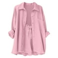 thumbnail image 4 of Babysbule Womens Fall Plus Top Sets Outfit Women's Summer Two Piece Neck Long Sleeve Shirt High Waist Drawstring Large Shorts Casual Set, 4 of 6