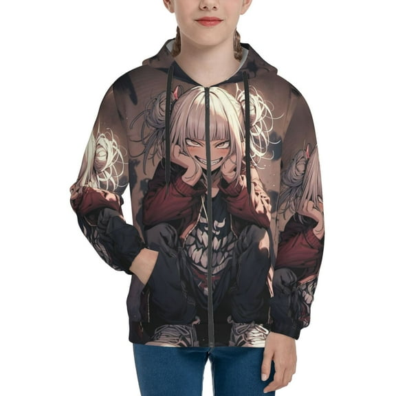 My Hero Academia Himiko Toga Youth Sweatshirt 3D Printed Hoodie Activewear Teenager Winter Full-Zip Drawstring Jacket Coats Active Pullover Hooded Blouse For Boys Girls Small