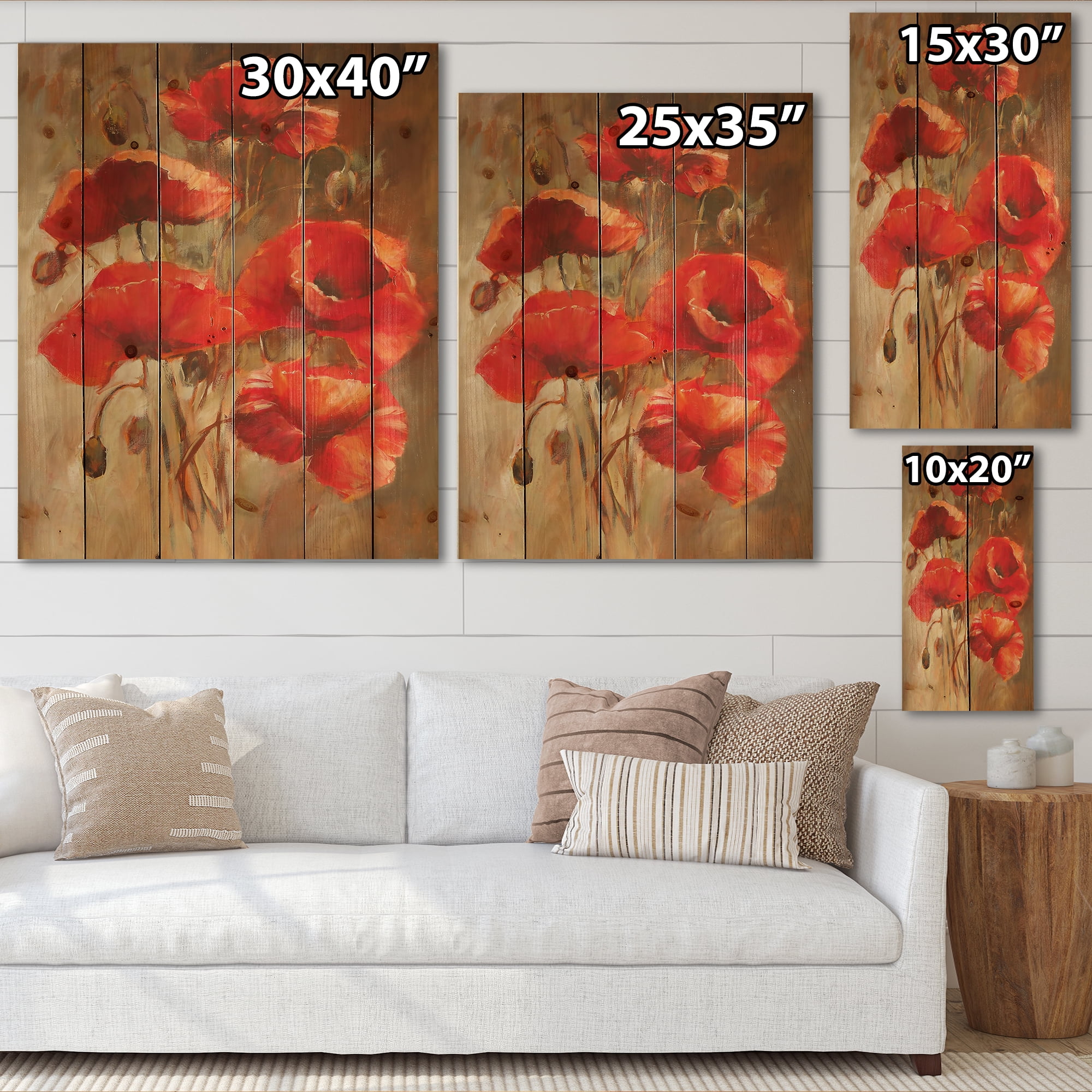 Designart 'Red Blossoming Poppies Over Wild Brown II' Traditional Print on Natural Pine Wood