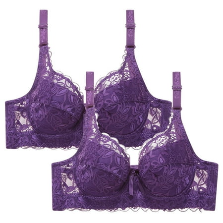 WREESH 2 Pack Lace Bralettes for Women Wireless Plunge Bra Push Up Soft Padded Bras Adjustable Strap Comfortable Everyday Bra Purple