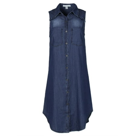 - FashionOutfit Women's Soft Denim Chambray Sleeveless Fringe Button Down Dress Shirt Top