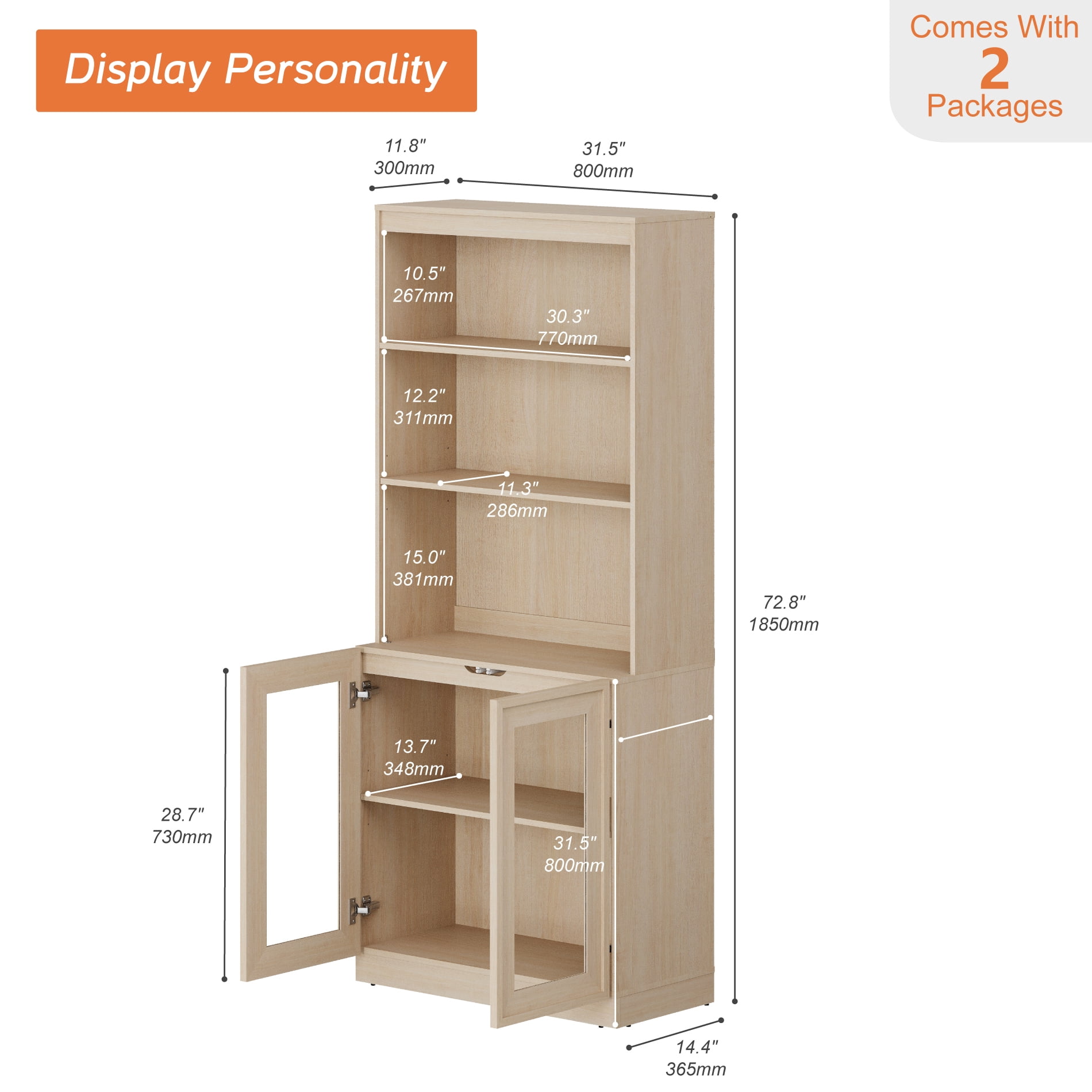Modern 72" Tall Bookshelf with Glass Doors and Adjustable Shelves, Library Bookcase with Storage Cabinet and Open Shelves,Beige