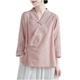 thumbnail image 2 of CaComMARK PI Clearance Women's Wrap V Neck Cotton Linen Blouse Vintage Chinese Frog Button Tunic Shirts Casual Loose Long Sleeve Top Pink 12(XXL), 2 of 4