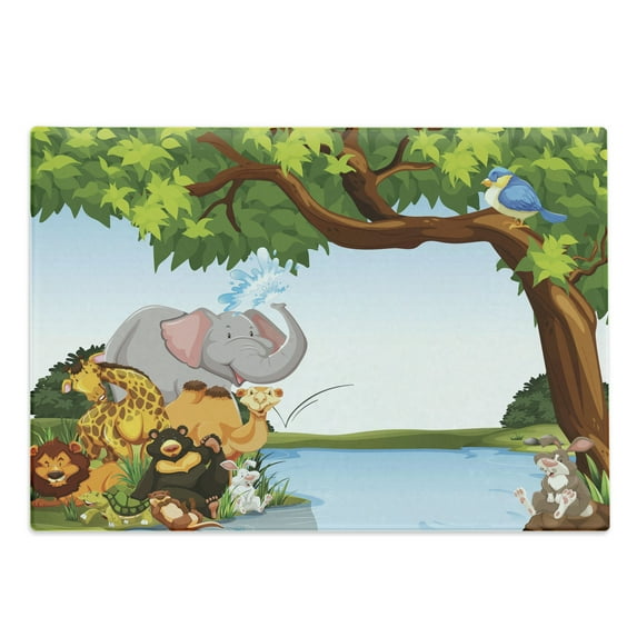 Cartoon Cutting Board, Various Cartoon Style Animals Together by River Bank Tree Bird Funny Wildlife, Decorative Tempered Glass Cutting and Serving Board, Large Size, Multicolor, by Ambesonne