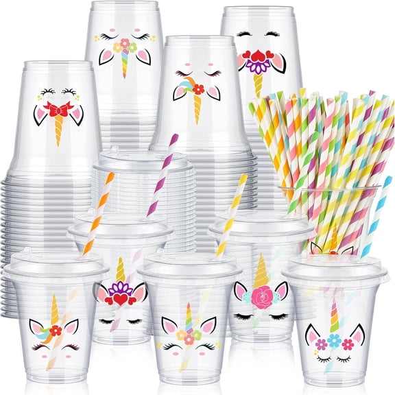 36 Sets Unicorn Party Cups with Lids and Paper Straws 14 oz Unicorn Birthday Party Supplies Favors Disposable Clear Plastic Cups Bulk