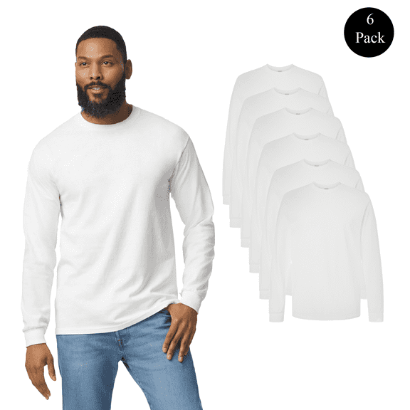 Gildan Men's Heavy Cotton Long Sleeve T-Shirt, Crew Neck Classic Fit Bulk Tee, White, S, 6 Pack