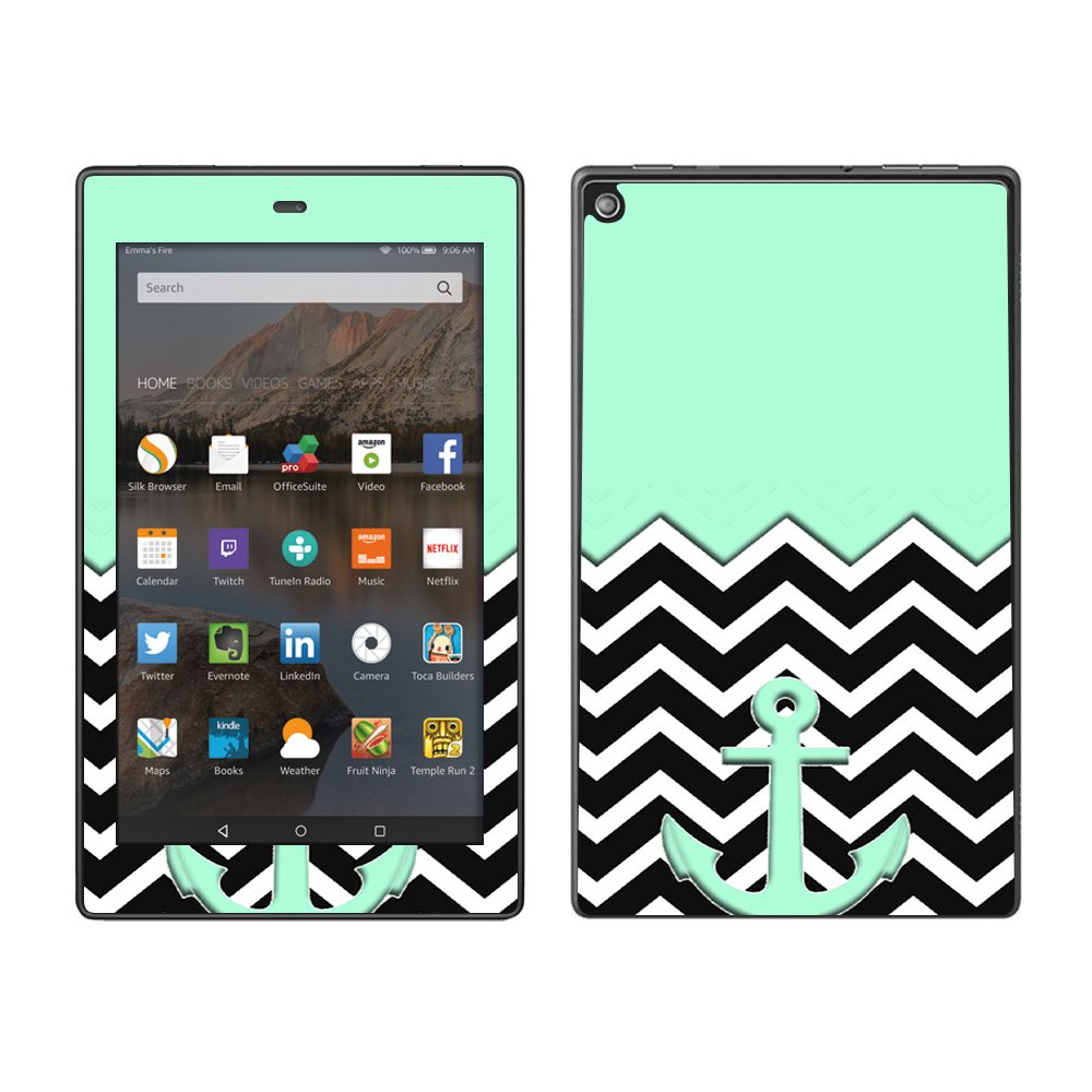 Skin Decal For Amazon Fire Hd 8 Tablet / Teal Black Chevron Anchor