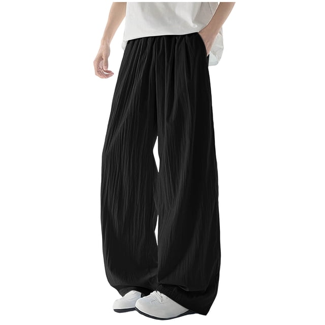 Ceisia Men's All-Season Solid Color Wide Gift Leg Pants Ice Silk Drape Fabric Elastic Waist Drawstring Pockets for Outdoor Casua l Daily