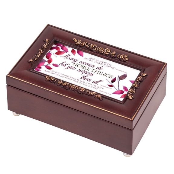 Cottage Garden Many Women Rose Wood Finish Jewelry Music Box Plays Canon in D