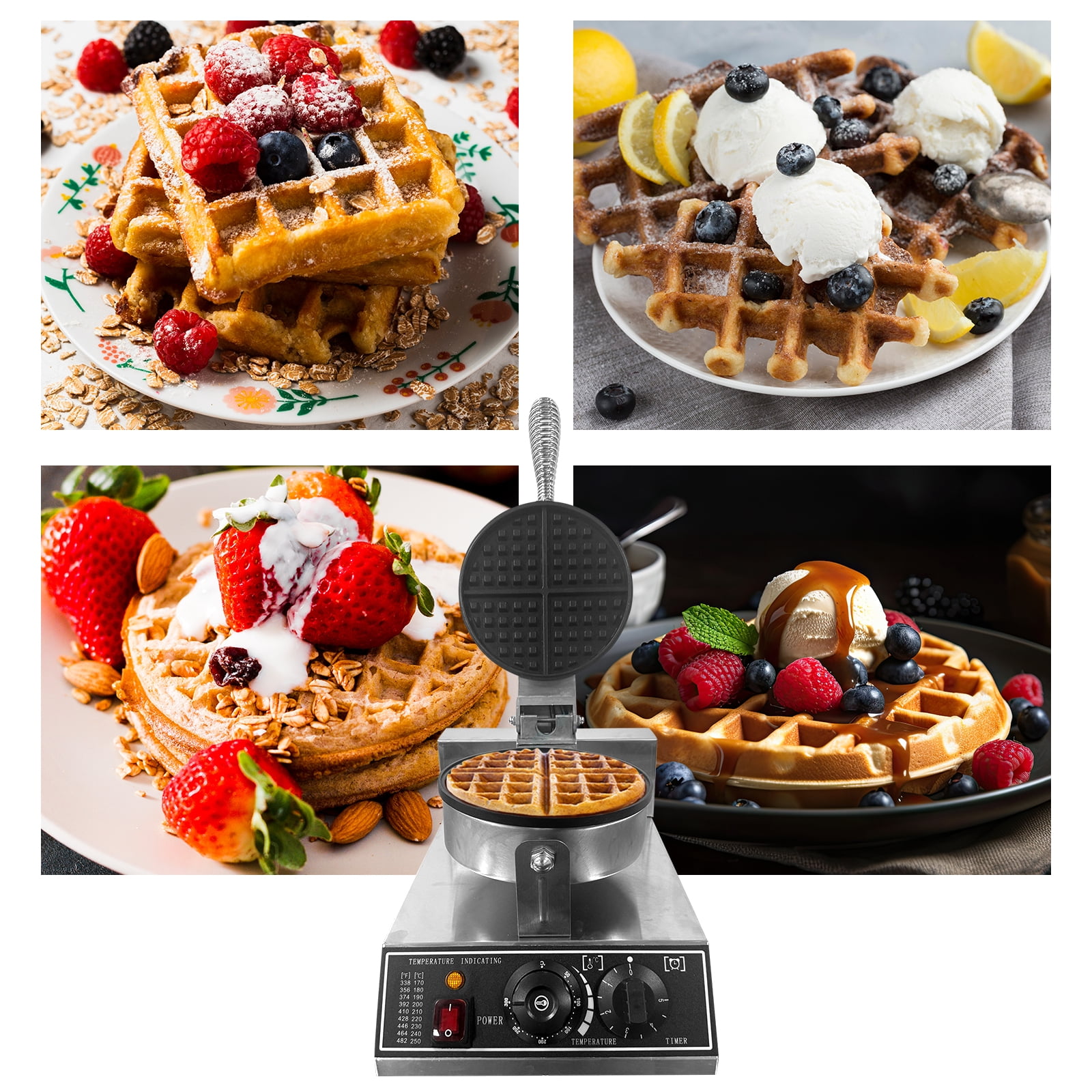 Festisoul Commercial Waffle Maker, 1200W Stainless Steel Round Nonstick Waffle Iron with 122℉ to 572℉ Temp Range for Household Bakeries Snack Bar