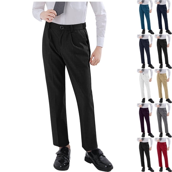 HOMADLES Boys Flat Front Dress Pants Button Straight Leg Formal Baggy Pants Solid Open Bottom Suit Trousers Black 2-3T