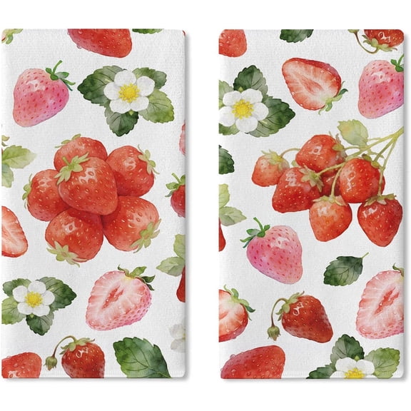 Watercolor Strawberry Kitchen Dish Towels Set of 2, Spring Summer Fruit Flower Drying Hand Towel Baking Cooking Cloth, Floral Farmhouse Bathroom Home Decoration 18'' x 26''