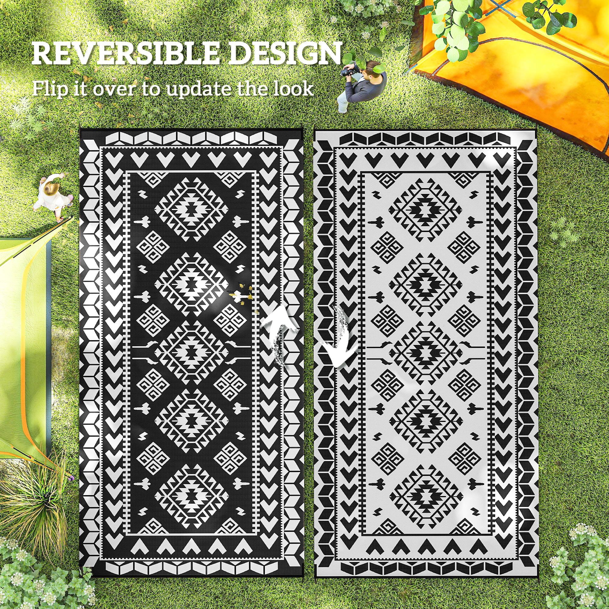 Reversible Outdoor Rug, Waterproof Plastic Straw with Carry Bag, 9' x 18', Black & White Rhombus Patchwork