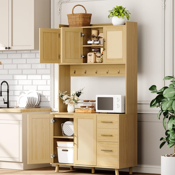 BouPower Rattan Kitchen Pantry Cabinet, 71" Tall Farmhouse Pantry Cabinet with 3 Drawers, Adjustable Shelves & 6 Hooks, Kitchen Hutch Bar with Rattan Door for Dining/Living Room
