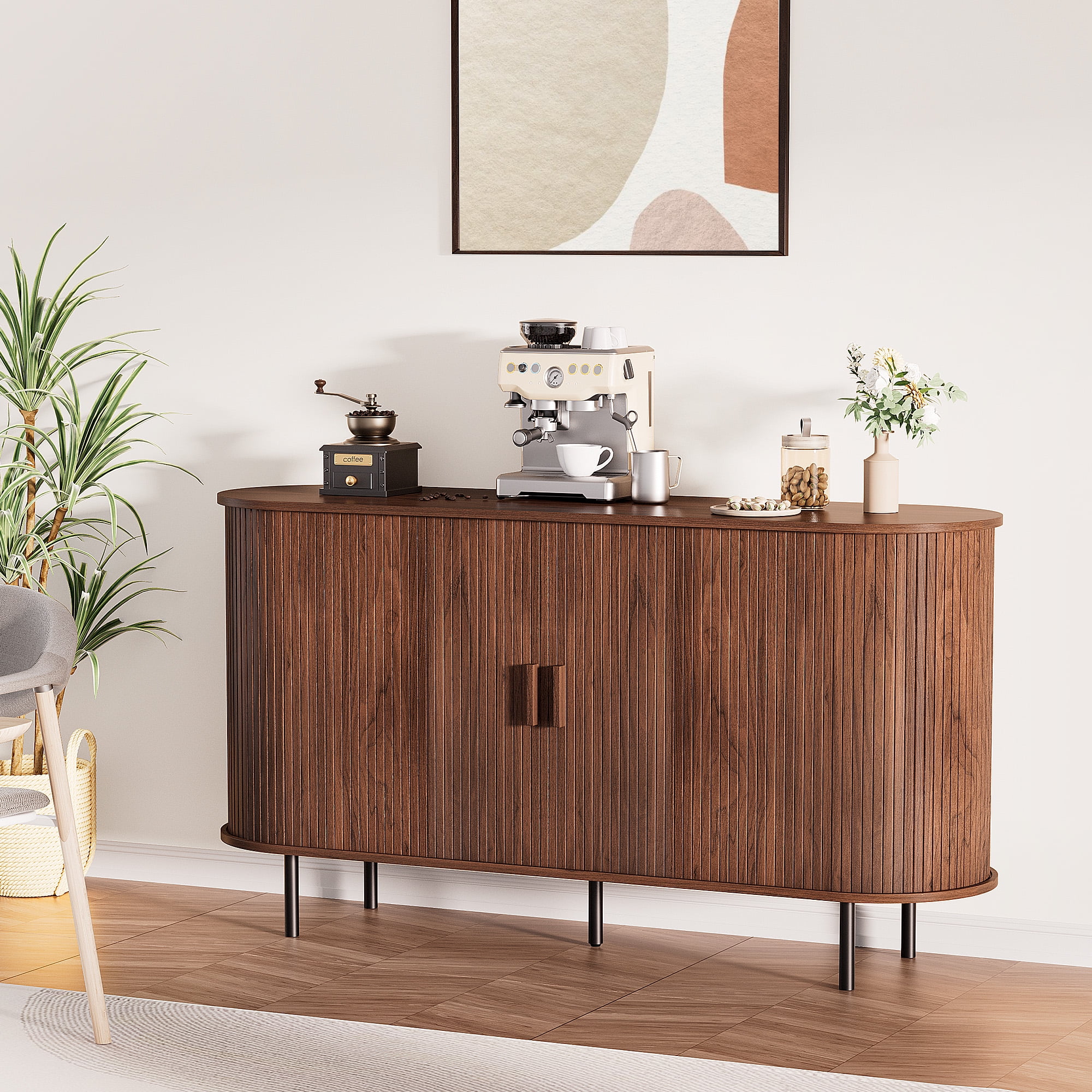 MARNUR Sideboard Buffet Cabinet 55" Storage Cabinet with 2 Sliding Tambour Doors, Adjustable Shelves for Kitchen Office Bedroom Hallway Entryway, Walnut