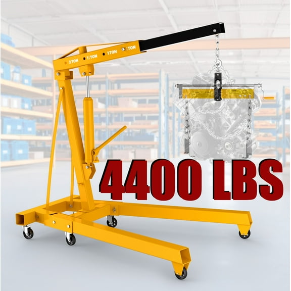 Engine Hoist with 4400 LBS Capacity, Foldable Folding crane and Yellow Metal Structure, Heavy Duty Shop Crane, Heavy Duty Hydraulic Shop Crane for Construction