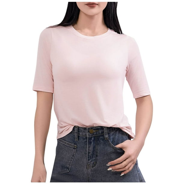 Tops de Manga Corta de Mujer Casual, Color Sólido Manga 1/2, Camiseta de Cuello Redondo