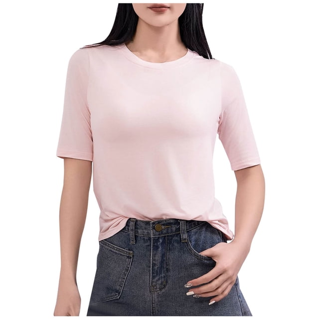 Tops de Manga Corta de Mujer Casual, Color Sólido Manga 1/2, Camiseta de Cuello Redondo