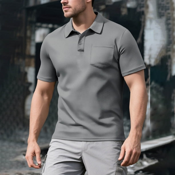pstuiky Camisas casuales de manga corta para hombre, Camisetas para hombre, camisetas casuales básicas de cuello redondo, camisetas de manga corta con bolsillo, blusa de manga corta con cuello vuelto