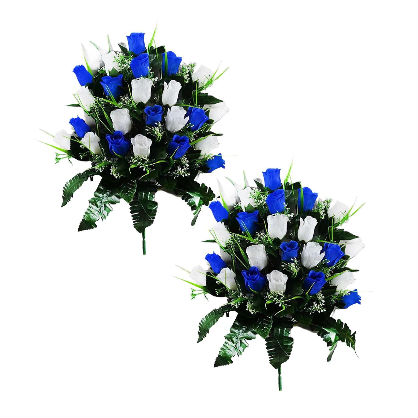 2Pcs Fake Cemetery Flowers Blue & White Roses With White Daisies Memorial Flowers Silk Memorial Bouquets For Mourn Headstones Decoration-Blue