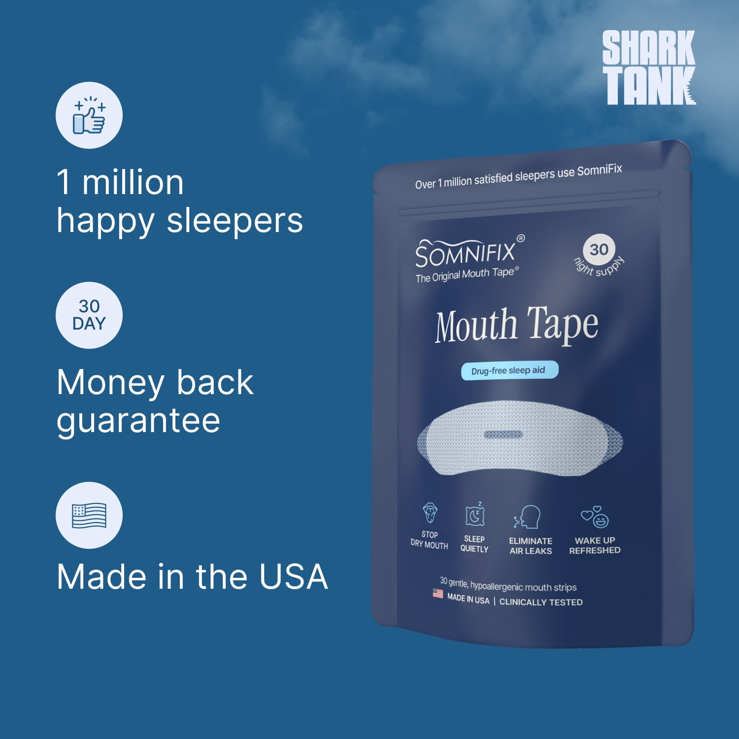 SomniFix Mouth Tape - Gentle and Hypoallergenic Adhesive Strips for Deeper Sleep, Better Nose Breathing, and Relief from Snoring and Dry Mouth - 30 Count