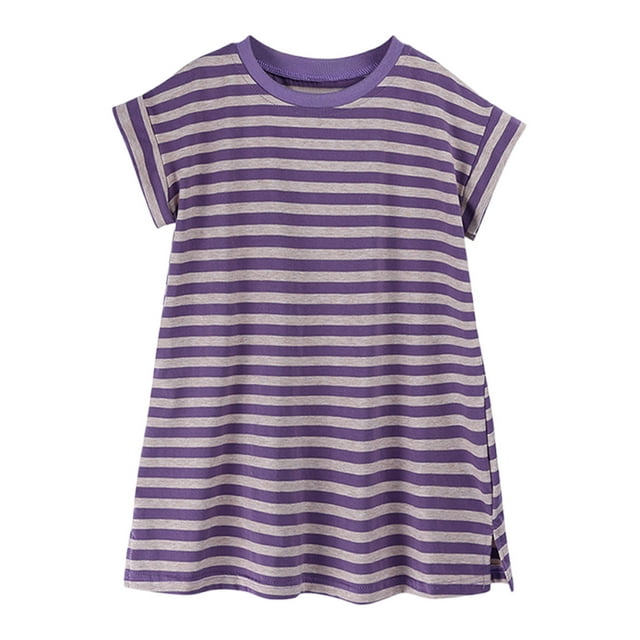 Zpanxa Tenues d'Été pour Filles Décontractées Mignonnes à Rayures Col Rond Manches Courtes Robe pour Enfant de 12 Mois à 12 Ans 3 Ans