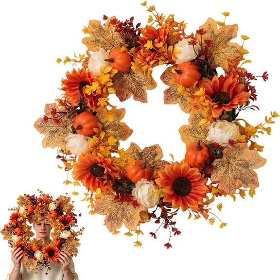 Vivcore Artificial Fall Wreath 20 Inch Autumn Door Wreath with Sunflowers Pumpkins Maple Leaves Berries Thanksgiving Front Door Decor Home Style A