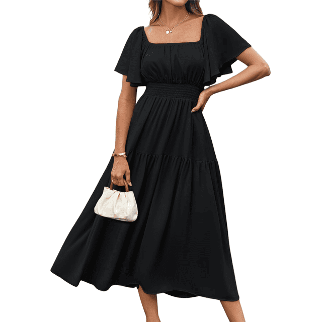 Vestido Informal de Verano para Mujer, de Corta, Cuello Cuadrado, Cintura Fruncida, Holgado, con , para Vacaciones, Color Negro, Talla S