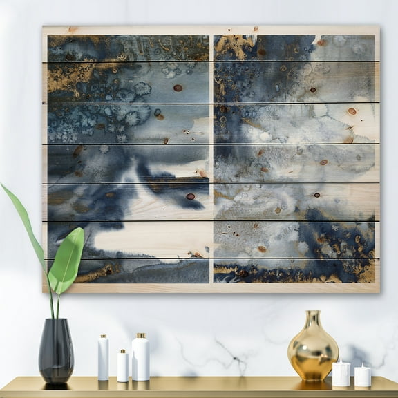 Designart 'Gold and Dark Blue Abstract Waves IV' Modern Print on Natural Pine Wood