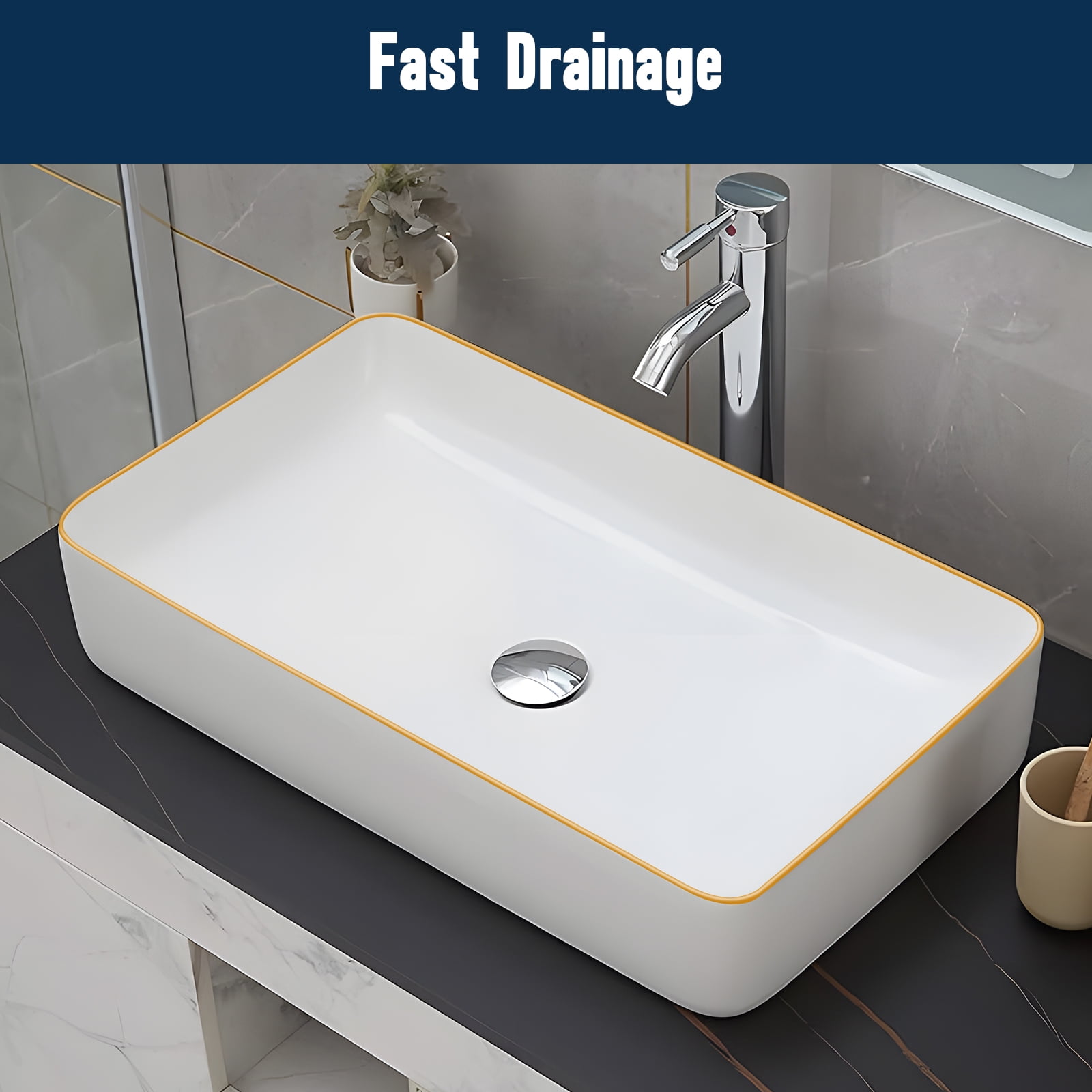 Bathroom Sink Rectangular 24"x 14"Bathroom Wash Basin With Gold Rim Design Art Basin Vanity Sink