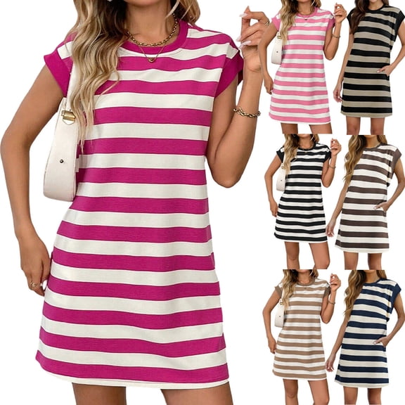 Mifsaly Striped T-Shirt Dress Women Crewneck Cap Sleeve Casual Summer Dresses Lightweight Comfortable Loose Fit Everyday Sundress with Pockets XXL