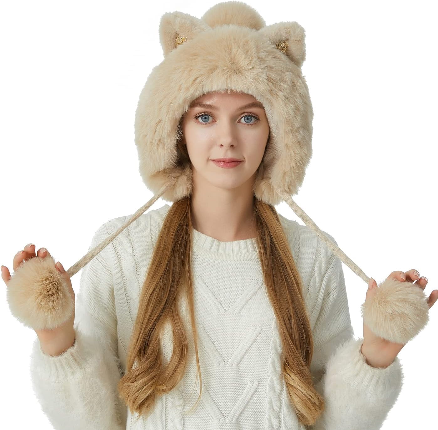 Women Winter Cover Ears Beanie Hat Ear Flaps Ski Snow Hats Knit Fleece Lined 3 Pom Pom