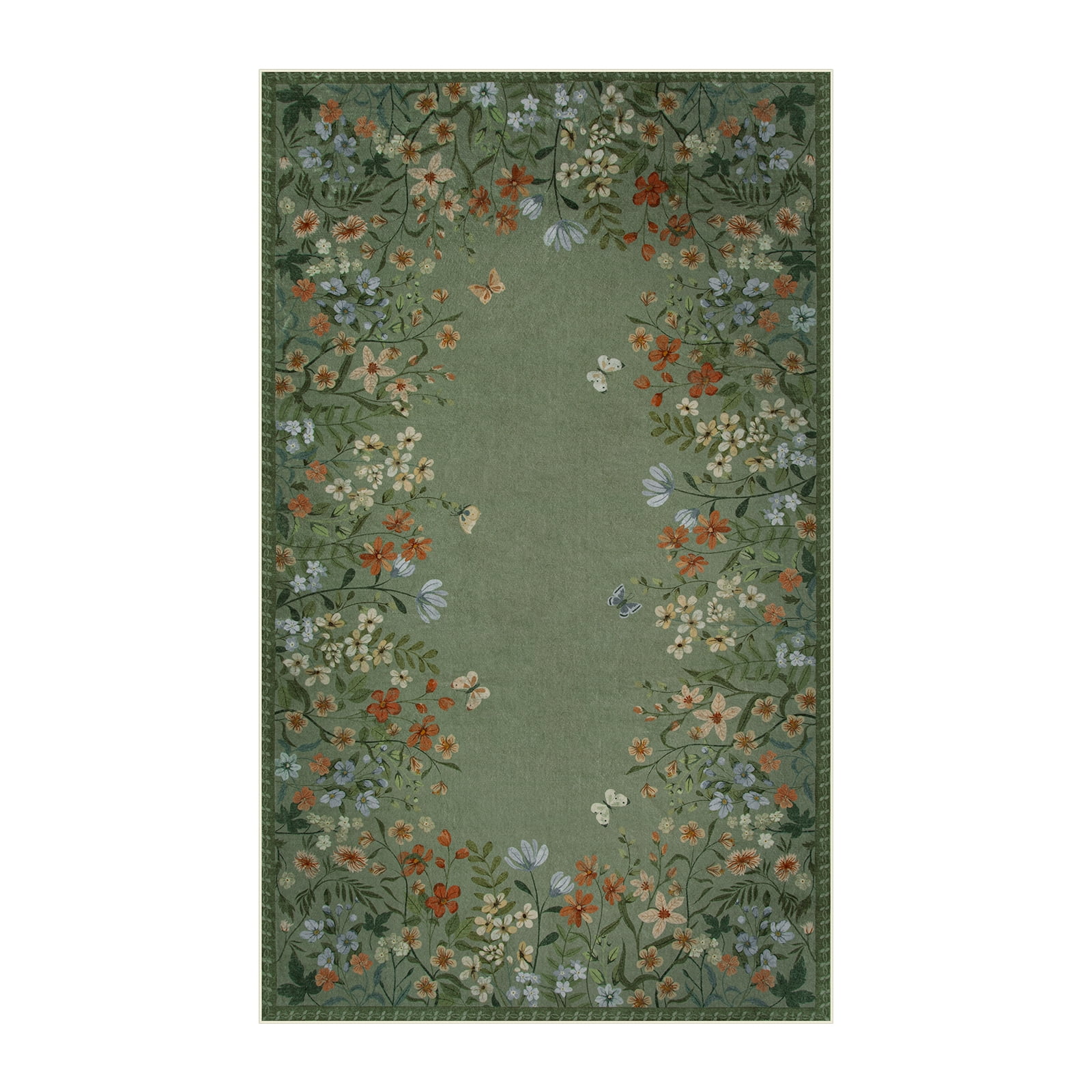 Wonnitar 6'x9' Floral Area Rugs for Living Room, Washable Rugs for Bedroom Vintage Cottagecore Accent Carpet for Dining Room Sunroom Home Office, Soft Non Slip Green