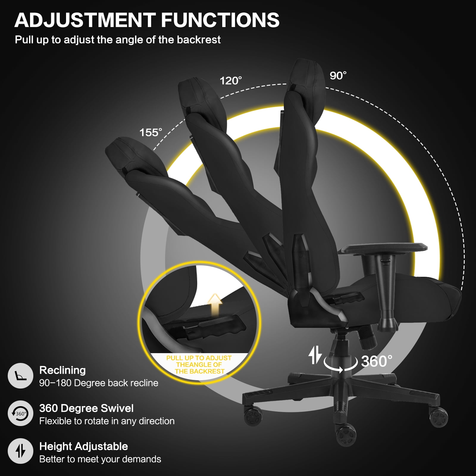 Ergonomic Video Poker Gaming Chair Recliner with Texas Hold'em Sign Swivel Chair with Poker Logo, Lumbar Support, Headrest, Height Adjustable for Study, Home Office, Black Poker 3