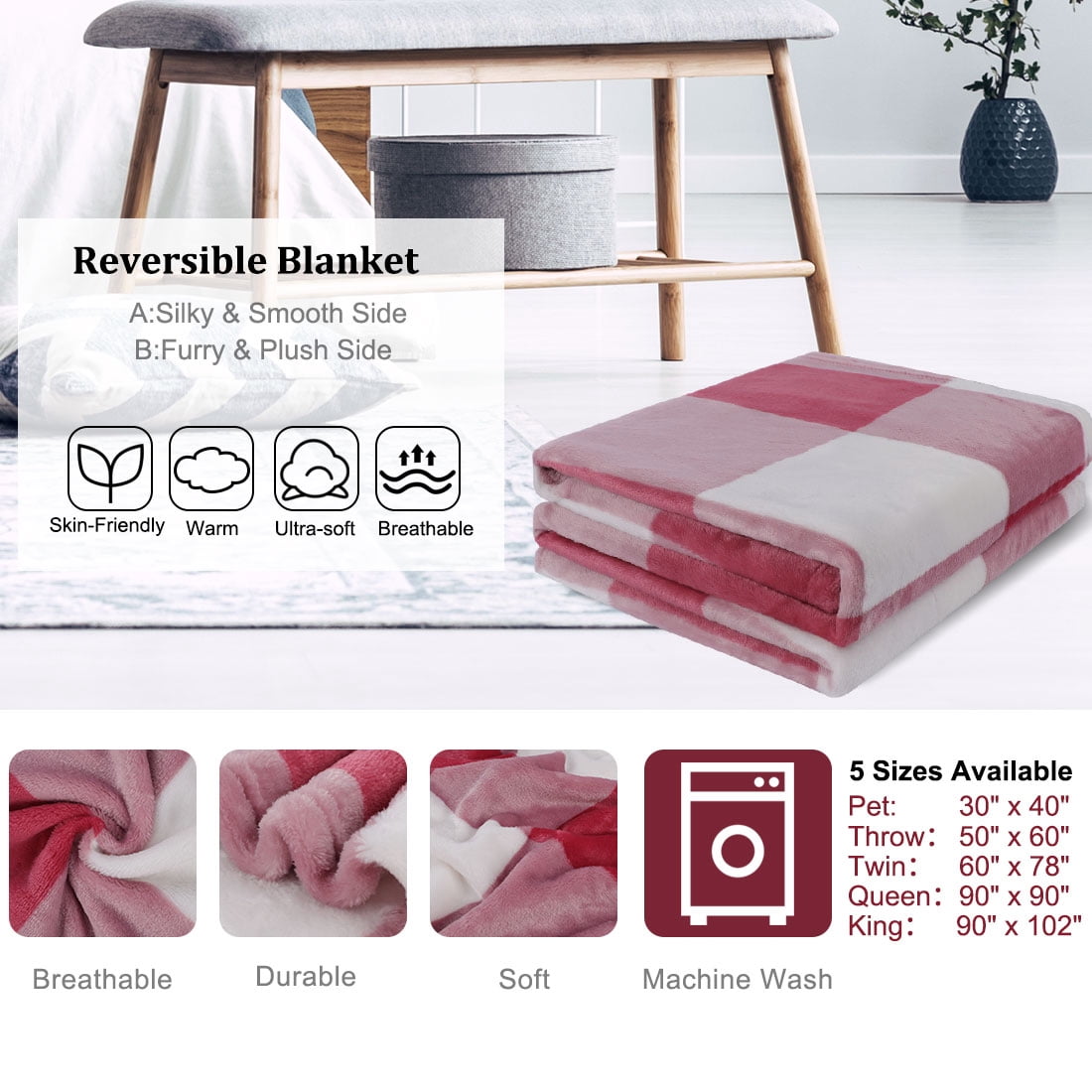 Unique Bargains Plush Buffalo Reversible Plaid Flannel Fleece Blanket, Twin, Blush+White