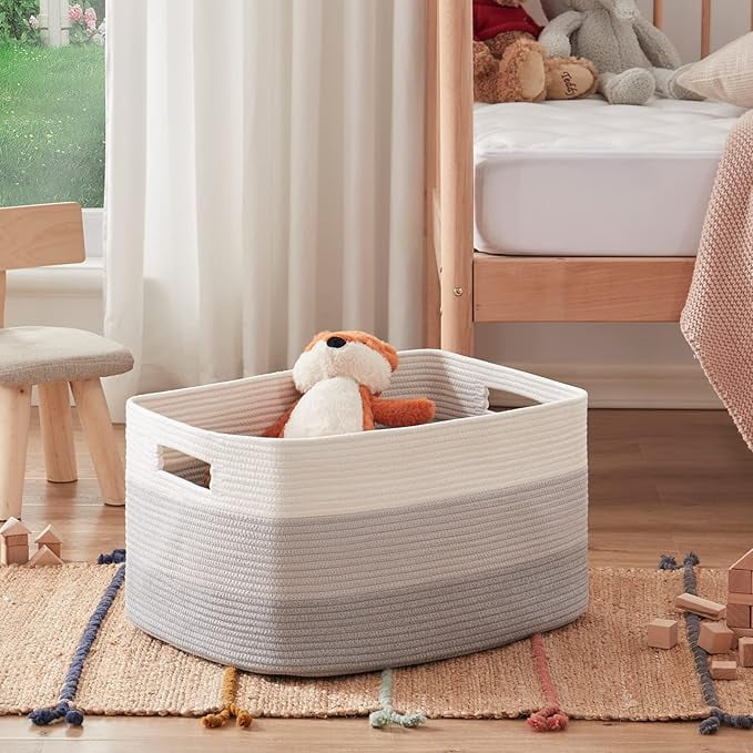 75L Large Blanket Basket（25"x16"）,Large Blanket Basket for Organizing, Dog Toy Bin,baby laundry basket,Cotton Rope Blanket Basket for Living Room, Laundry, Nursery, Pillows (White and Brown)