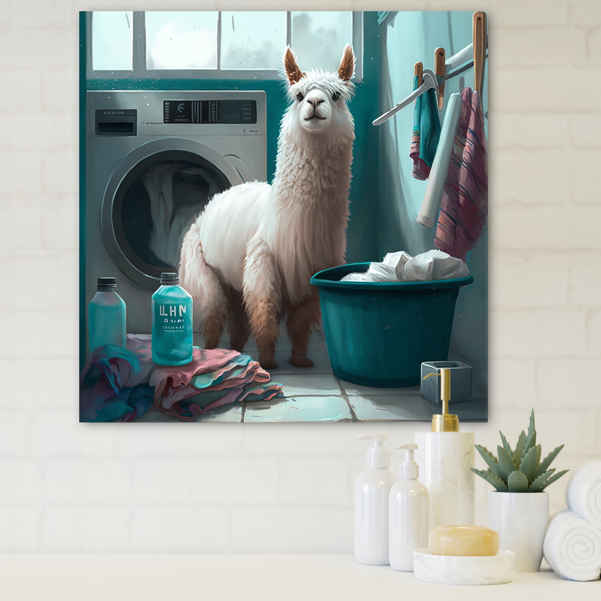 Designart Funny Llama In Laundry II Canvas Wall Art