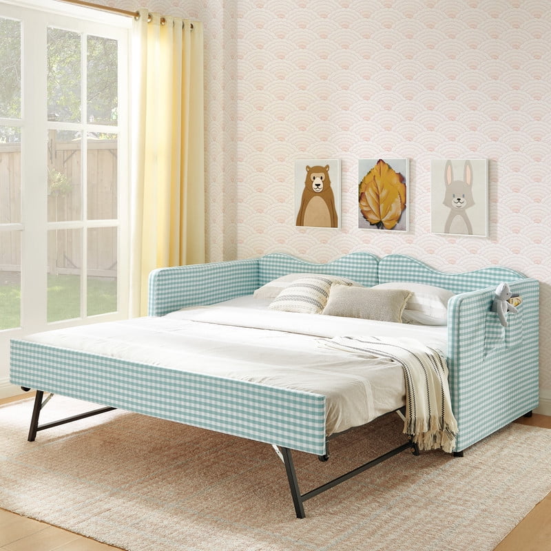 Twin to King Size Daybed with Trundle, Gingham Upholstered Day Bed Frame with Side Storage Pocket and Wave Backrest, Sofa Bed Frame for Bedroom, No Box Spring Needed