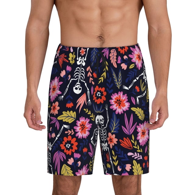 Fotbe Dancing Skeletons Floral Garden Pantalones Cortos de Pijama para Hombre, Ropa de Dormir, Pantalones de Pijama Cortos para Hombre-Large